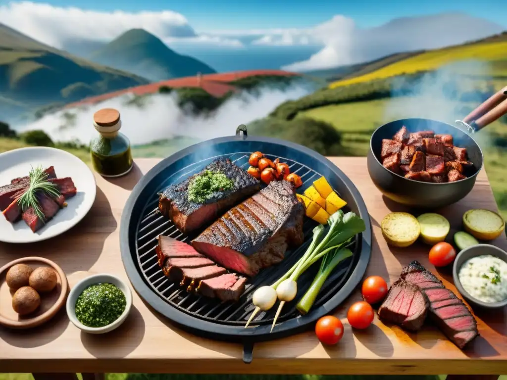 Escena detallada de un asado uruguayo tradicional con cortes de carne uruguaya asado en una parrilla al aire libre, rodeada de paisaje campestre