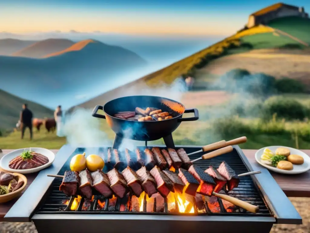 Una escena detallada de un asado uruguayo tradicional en un entorno rústico al aire libre