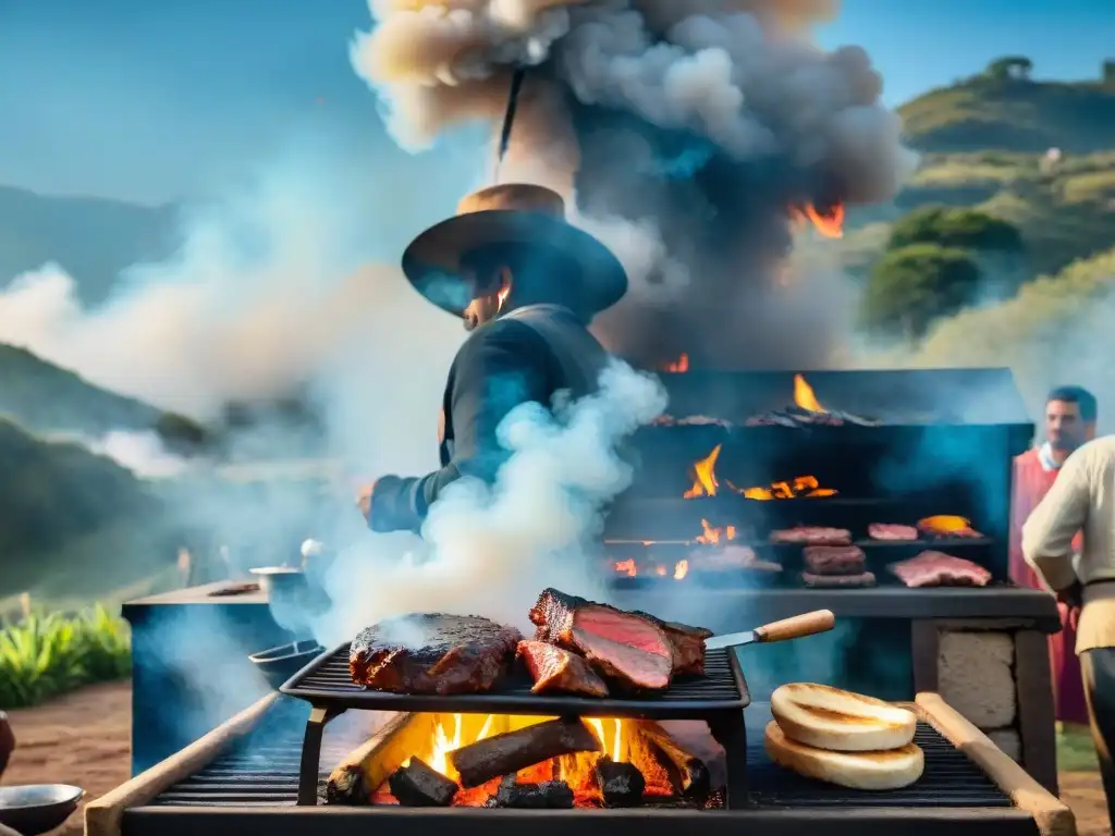 Escena detallada de un asado uruguayo tradicional con gauchos y técnicas de asado uruguayo