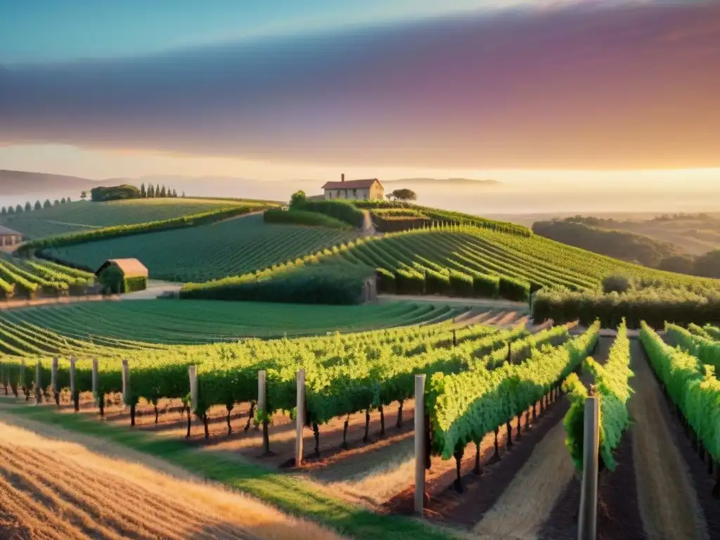 Una escena detallada de una bodega rústica al atardecer con viñedos, una bodega al fondo y viticultores recolectando uvas
