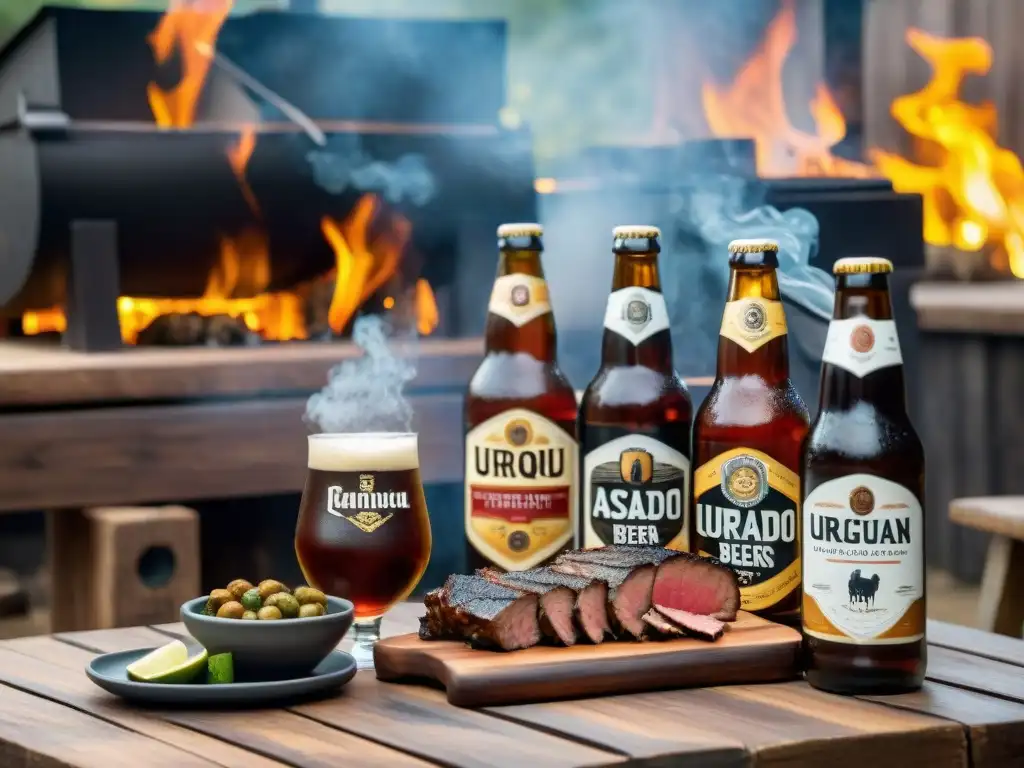 Una escena detallada de cervezas artesanales uruguayas y asado, capturando la esencia de una reunión tradicional