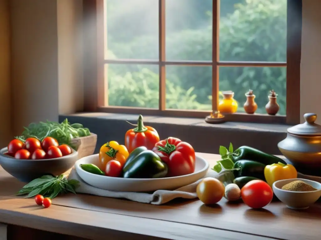 Escena detallada de una cocina uruguaya con salsas clásicas y ingredientes frescos, ideal para personalizar salsas uruguayas