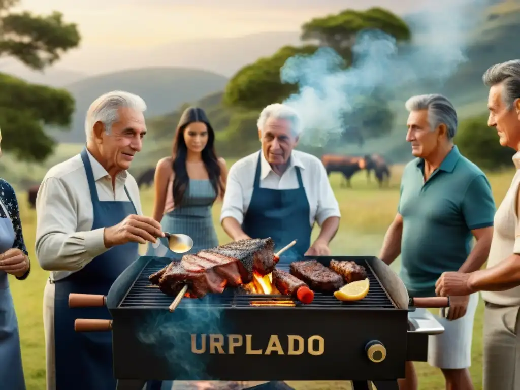 Una escena detallada y emotiva de generaciones en una parrilla uruguaya, mostrando el arte del asado y la transmisión de conocimientos