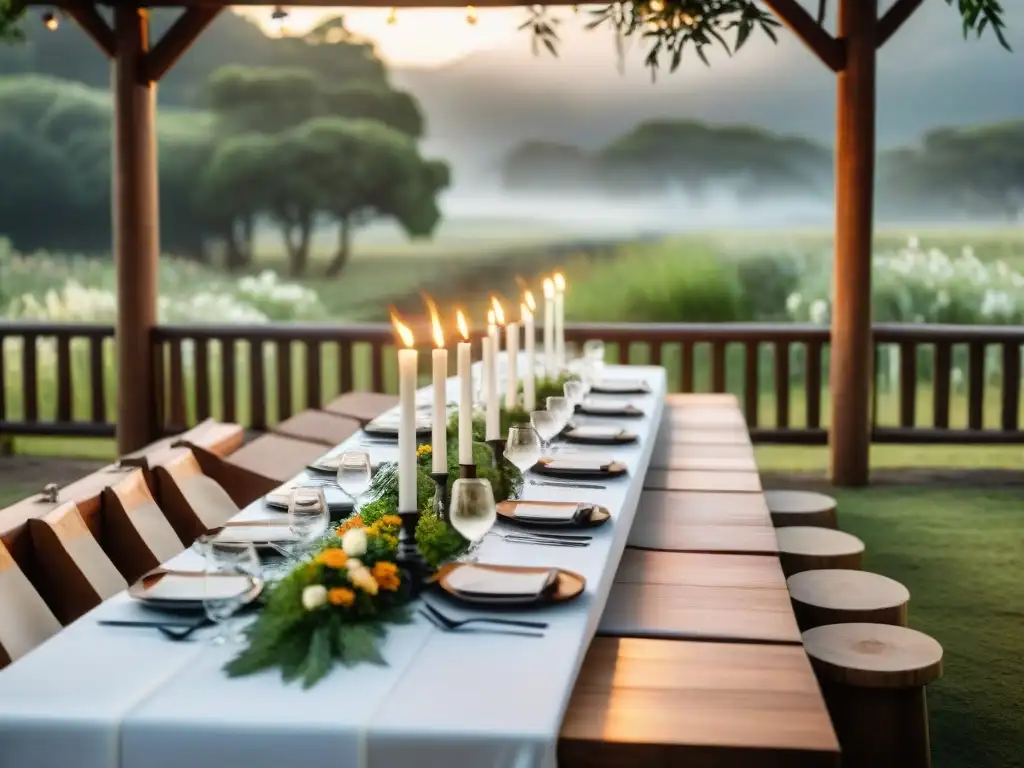 Escena detallada de un evento de asado uruguayo empresarial al aire libre, con elegante decoración y ambiente acogedor