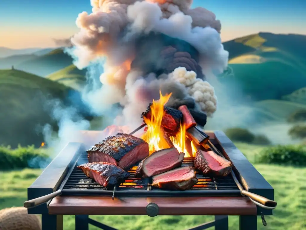 Una escena detallada de un evento de asado familiar tradicional en Uruguay, con una parrilla cargada de carnes variadas, humo y familia reunida