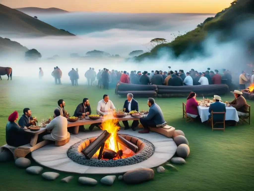 Una escena detallada de un evento cultural de asado uruguayo en el campo al atardecer