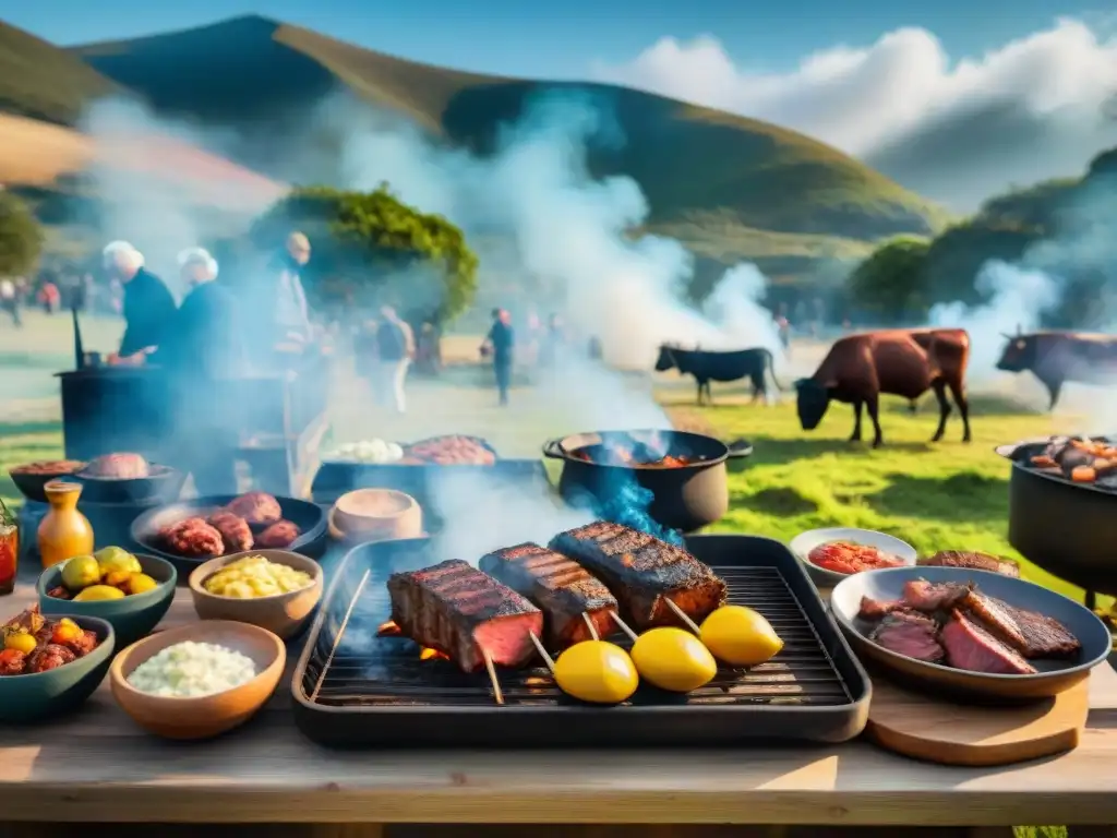 Una escena detallada de un exitoso asado uruguayo, con amigos disfrutando del festín en el campo bajo un cielo azul