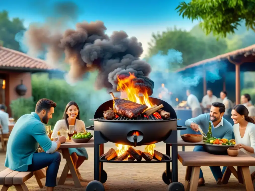 Una escena detallada de una familia grande disfrutando de un asado al aire libre