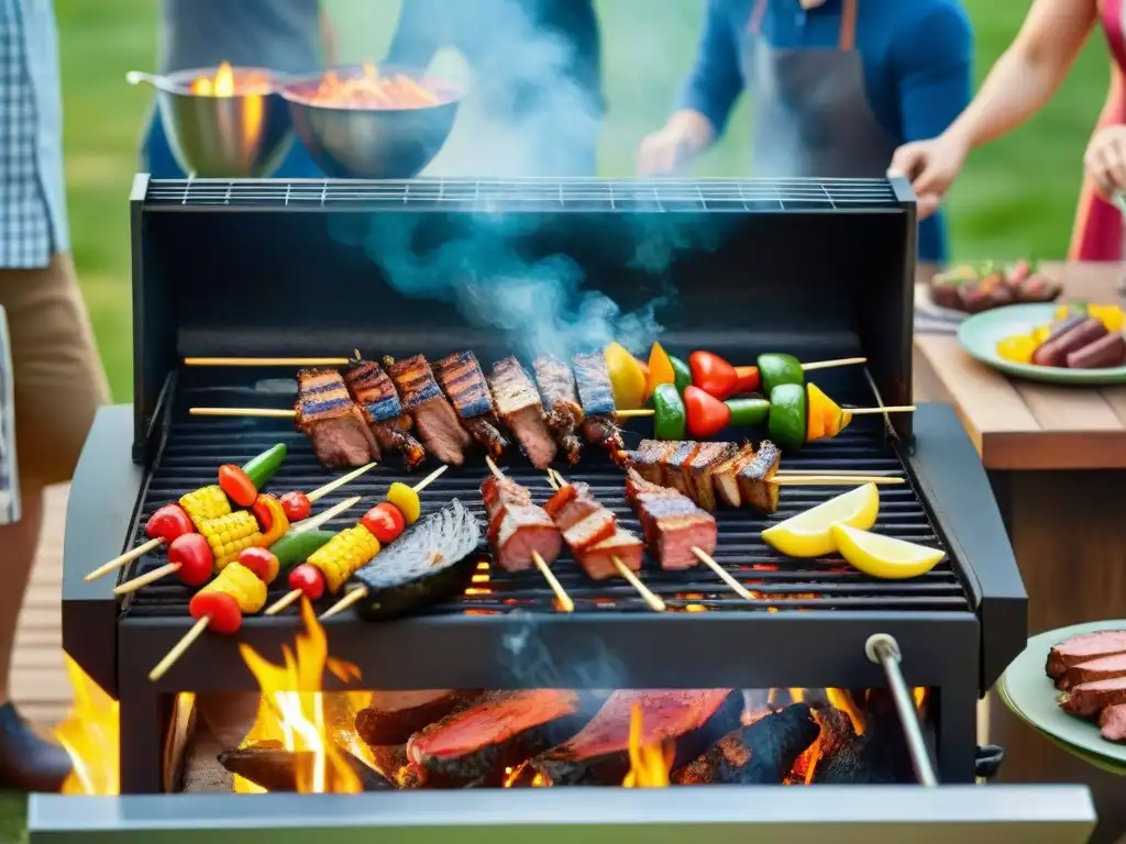 Una escena detallada de una barbacoa en familia con niños felices y adultos, creando recetas divertidas asado en familia