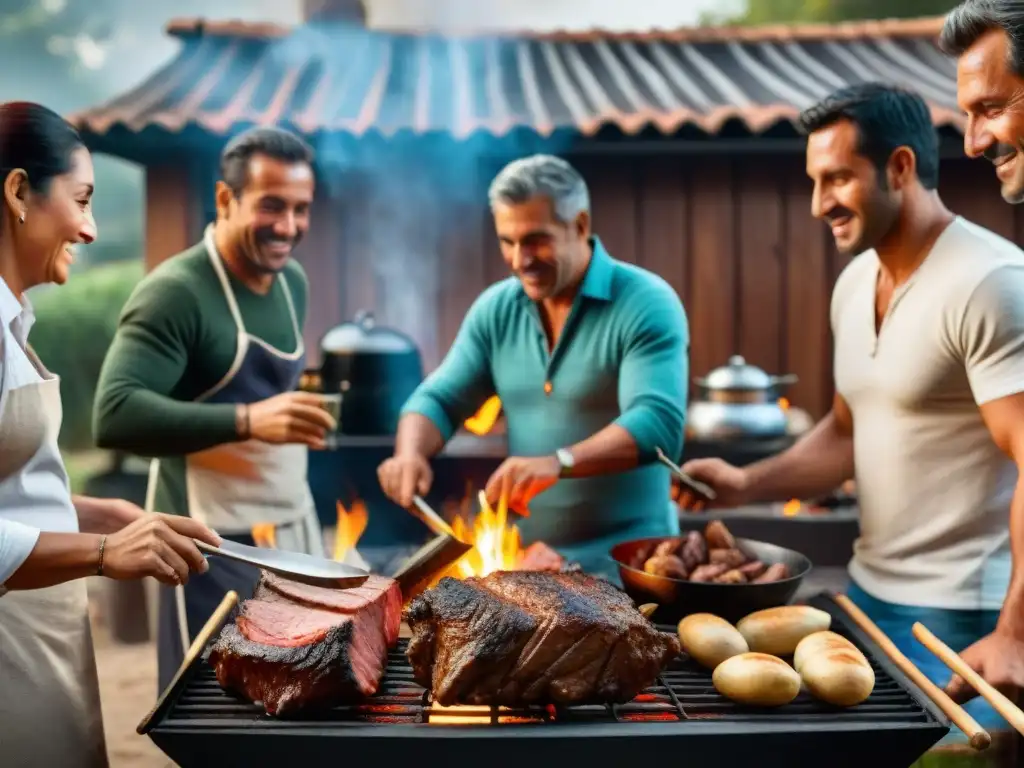 Una escena detallada de una familia uruguaya preparando un asado en un ambiente cálido y acogedor