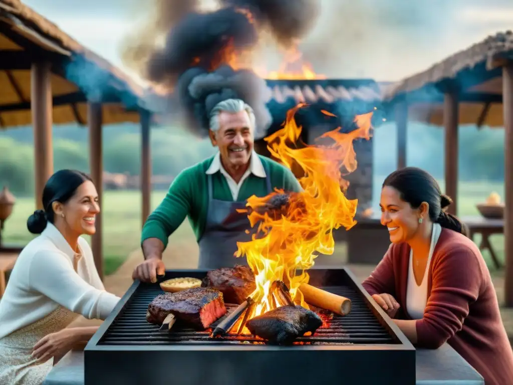 Una escena detallada de una familia uruguaya alrededor de un asado, destacando la tradición asado uruguayo generaciones