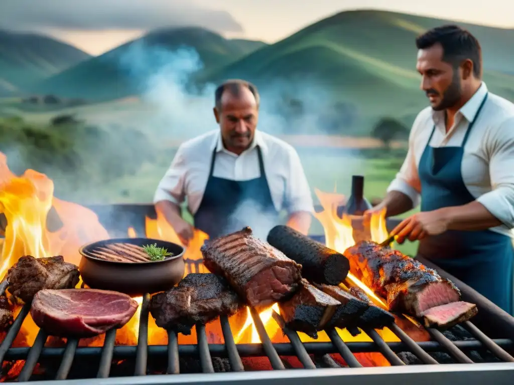 Una escena detallada del famoso asado uruguayo con personajes históricos, en un entorno tradicional y acogedor