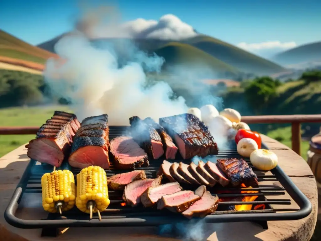 Una escena detallada de un famoso asado uruguayo en el campo, con gente alrededor de la parrilla