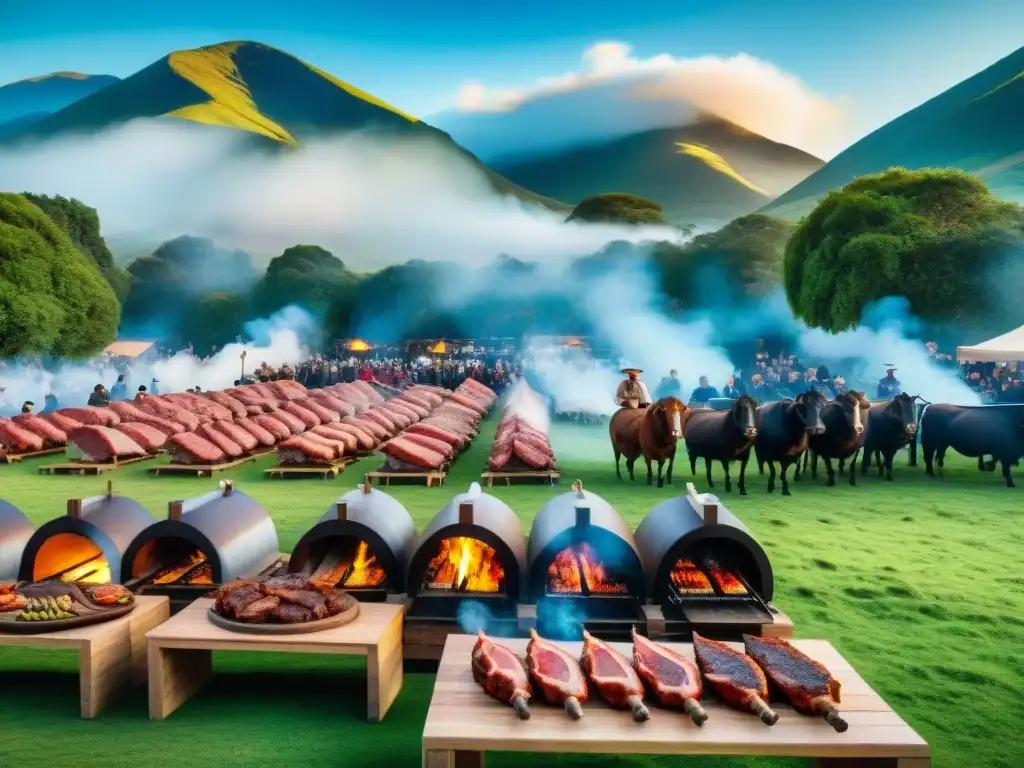 Escena detallada de festival de asado uruguayo con mesas llenas de carne, lugareños disfrutando, colinas verdes y cielo azul