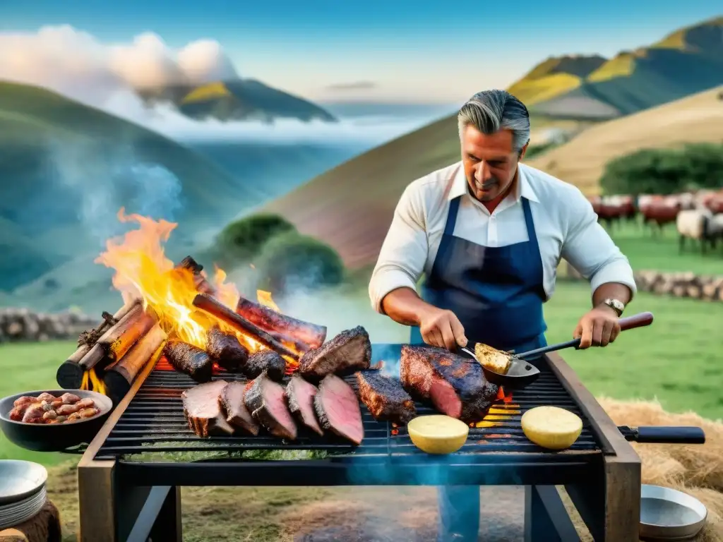 Escena detallada de un festival de asado uruguayo tradicional con asadores expertos asando carne a la parrilla al aire libre