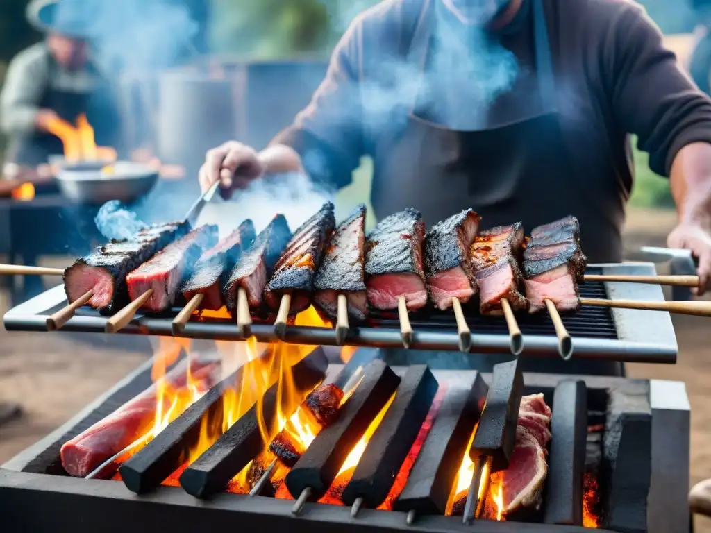 Gauchos expertos en asado: preparación tradicional uruguaya Escena detallada de gauchos preparando un asado uruguayo tradicional al aire libre, con sabrosas recetas sobre la parrilla de leña