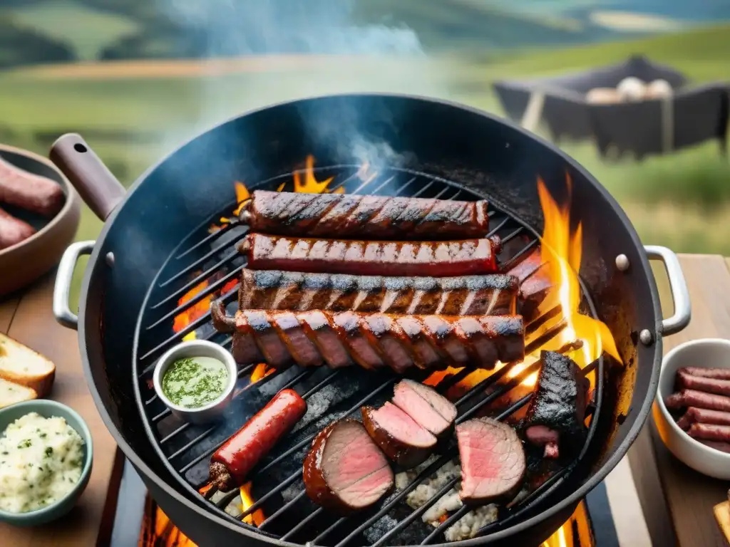 Una escena detallada del mejor asado uruguayo, con una parrilla llena de deliciosas carnes sobre brasas, en el campo uruguayo