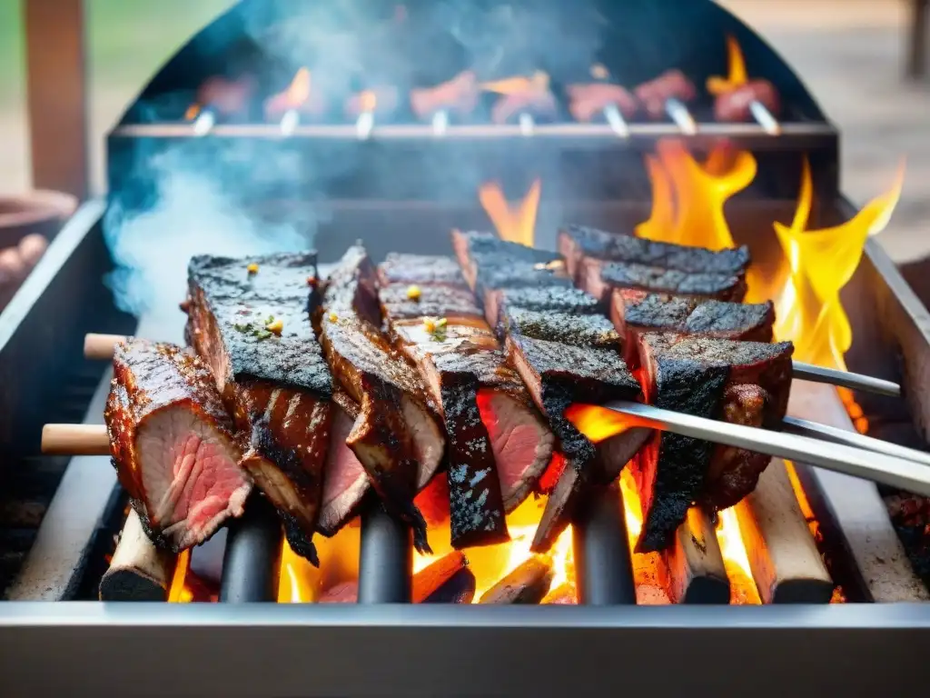 Una escena detallada de la mejor parrilla para asado uruguayo, con gauchos, carne y brasas brillantes en un entorno rústico al aire libre