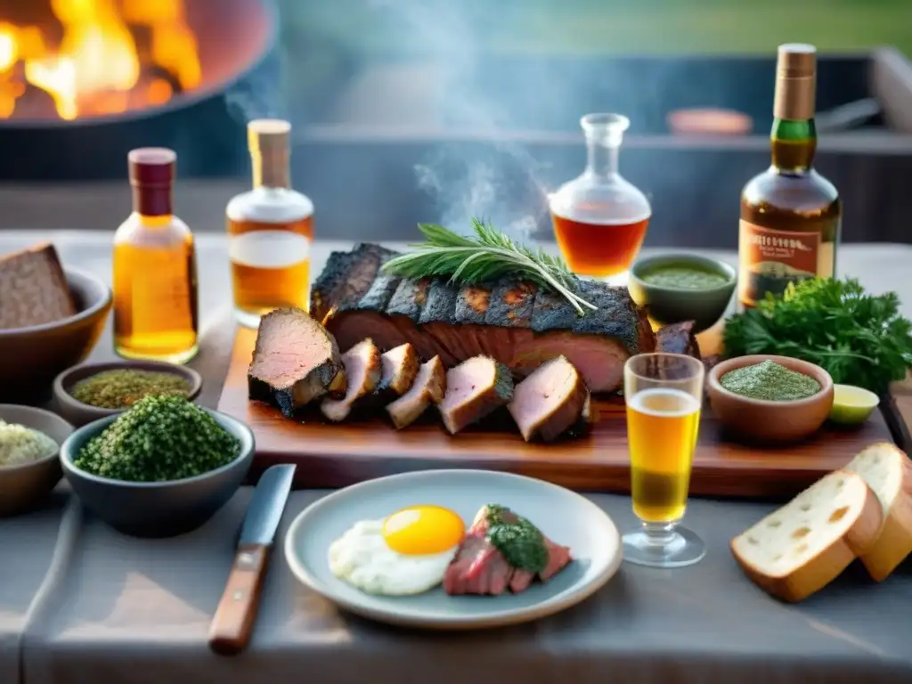 Escena detallada de una mesa de asado uruguayo con destilados uruguayos para maridar, bañada por la cálida luz del atardecer