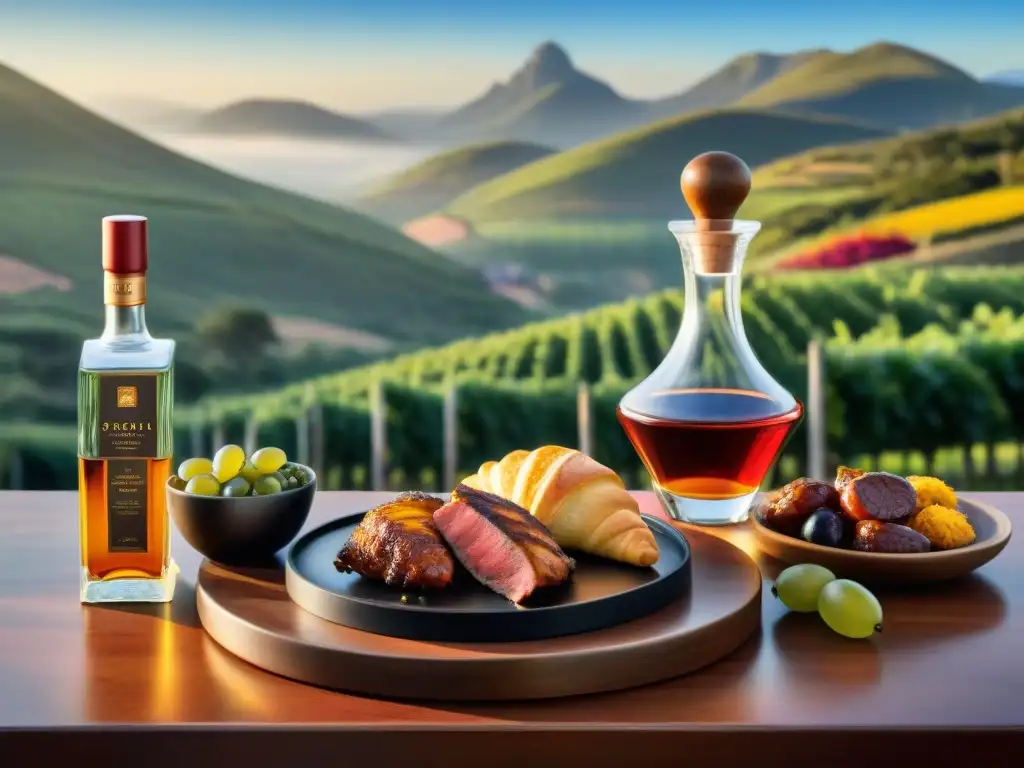 Una escena detallada con una mesa de madera rústica rodeada de delicias del asado uruguayo y una Grappa uruguaya, en un entorno campestre encantador