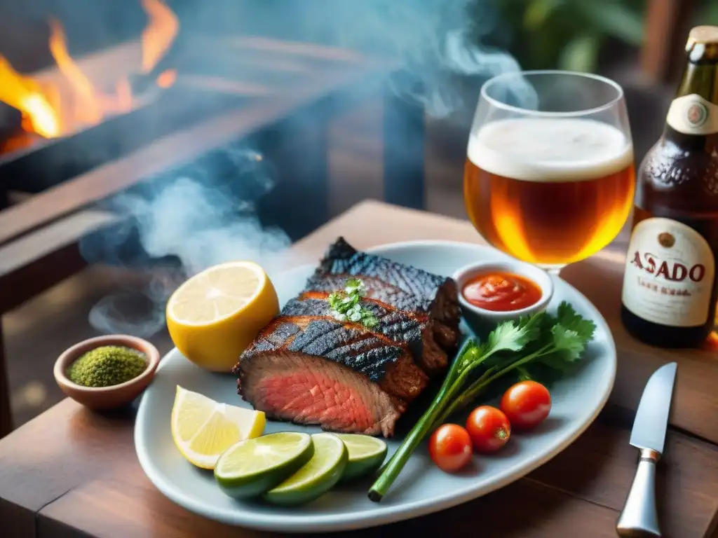 Escena detallada de mesa rústica para asado con cervezas artesanales uruguayas y maridaje, bañada por cálida luz solar