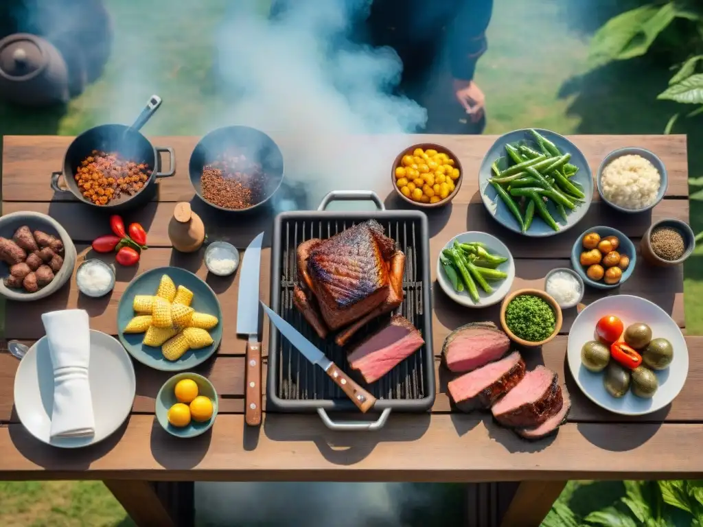 Una escena detallada de una mesa rústica al aire libre preparada para un tradicional asado uruguayo, con los mejores libros de asado uruguayo