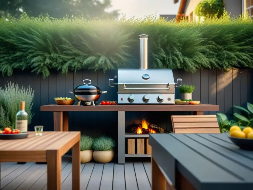 Escena detallada de un moderno asador al aire libre en un jardín exuberante, con equipamiento para asado 2023