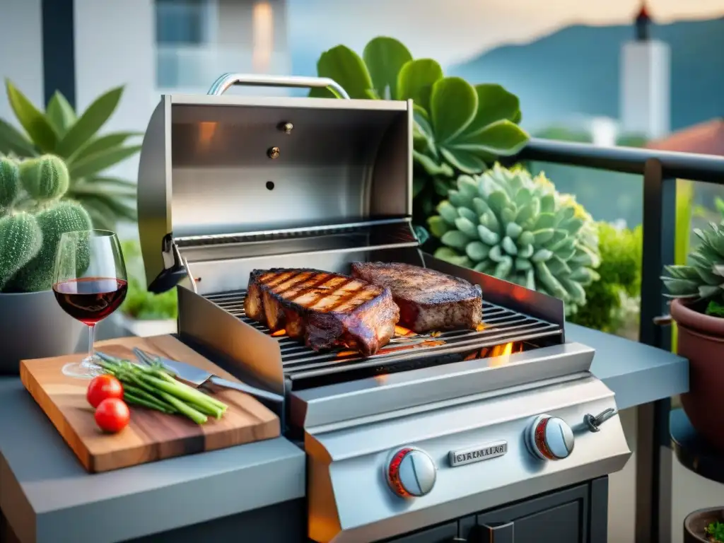 Escena detallada: parrilla compacta en balcón rodeada de plantas verdes, cortes de carne asada y vino tinto