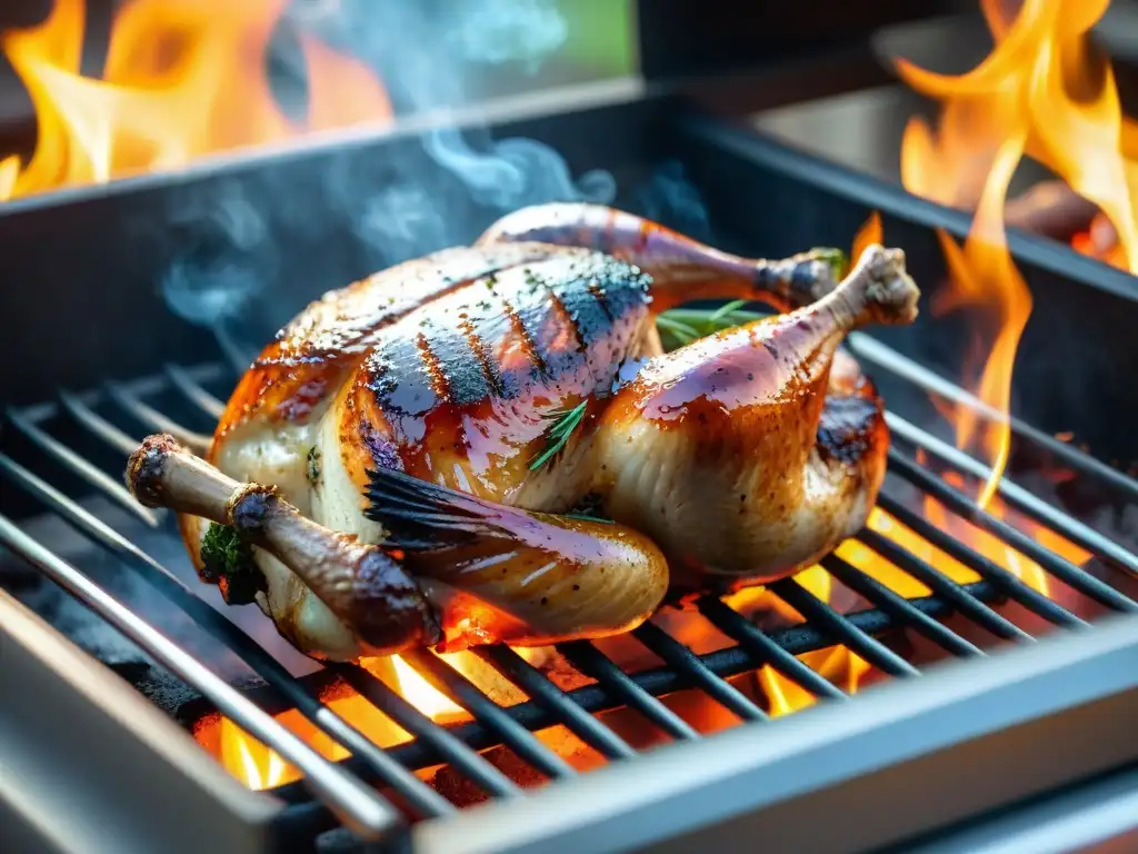 Escena detallada de parrilla con técnicas de asado: directo sobre llamas y indirecto con carbón