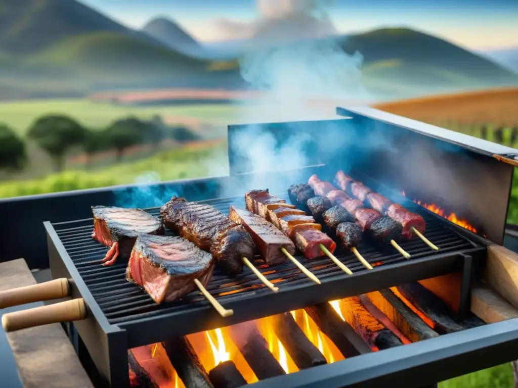 Escena detallada de una parrilla uruguaya con churrasco, morcilla y costillas, en un paisaje campestre