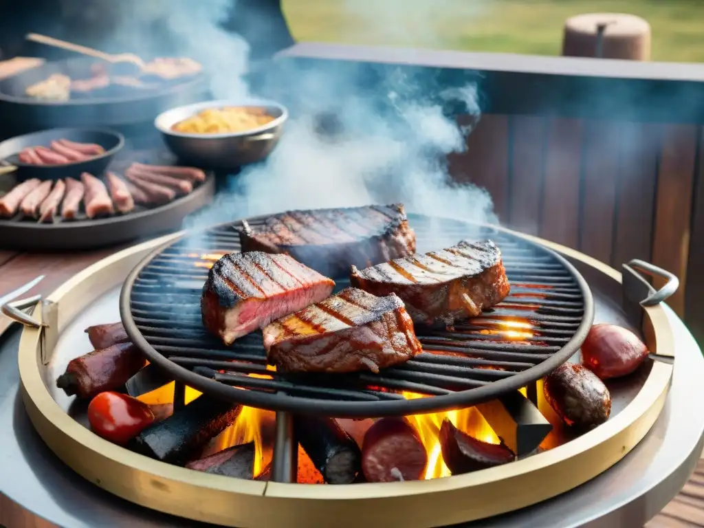 Escena detallada de una parrillada uruguaya tradicional con cortes de carne sizzling, gaucho y ambiente cálido