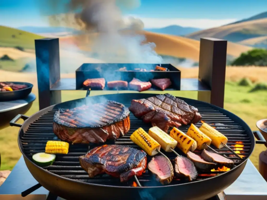 Escena detallada de parrillada uruguaya tradicional con gauchos y paisaje campestre