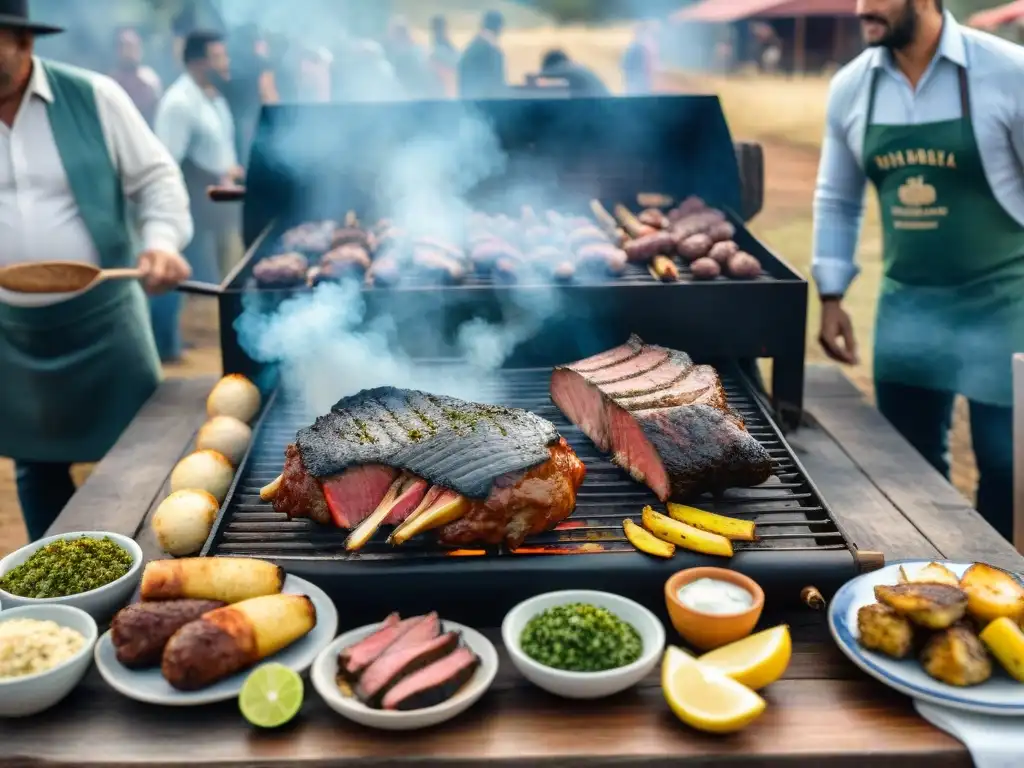 Una escena detallada y realista de un asado uruguayo tradicional en el campo