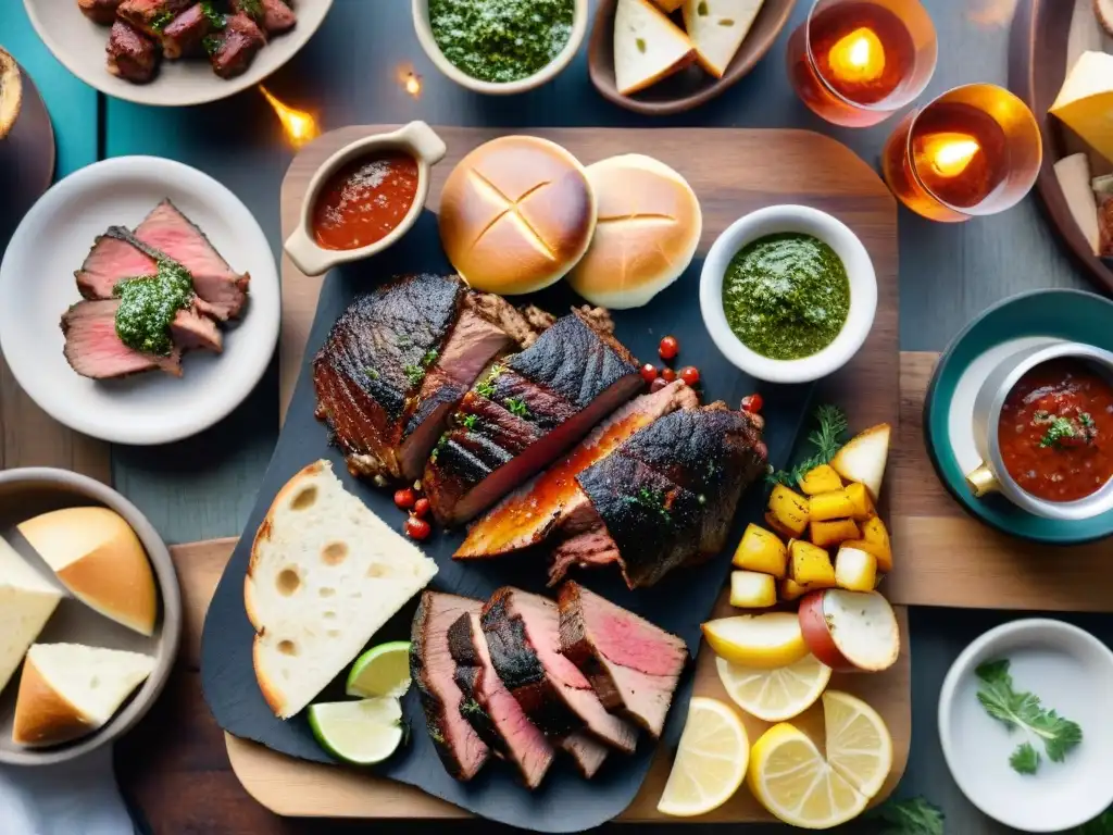 Una escena detallada y realista de un asado uruguayo con maridajes internacionales, amigos compartiendo una cálida velada al aire libre