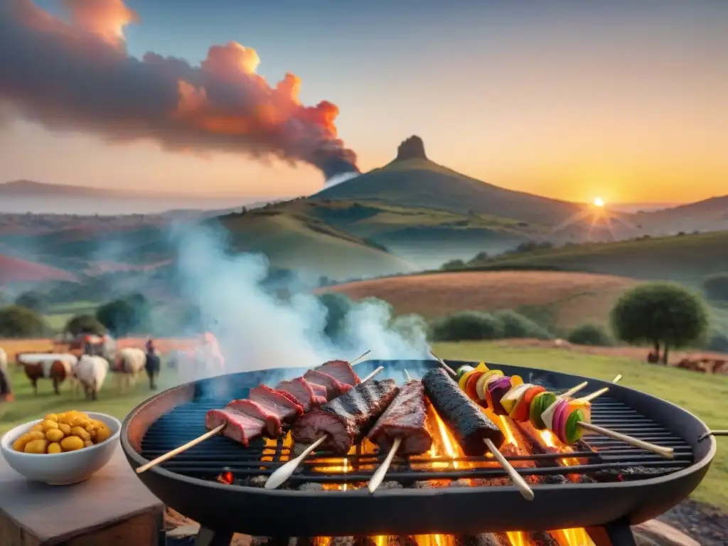 Una escena detallada y realista de un asado tradicional uruguayo al atardecer en el campo, con gauchos y paisaje