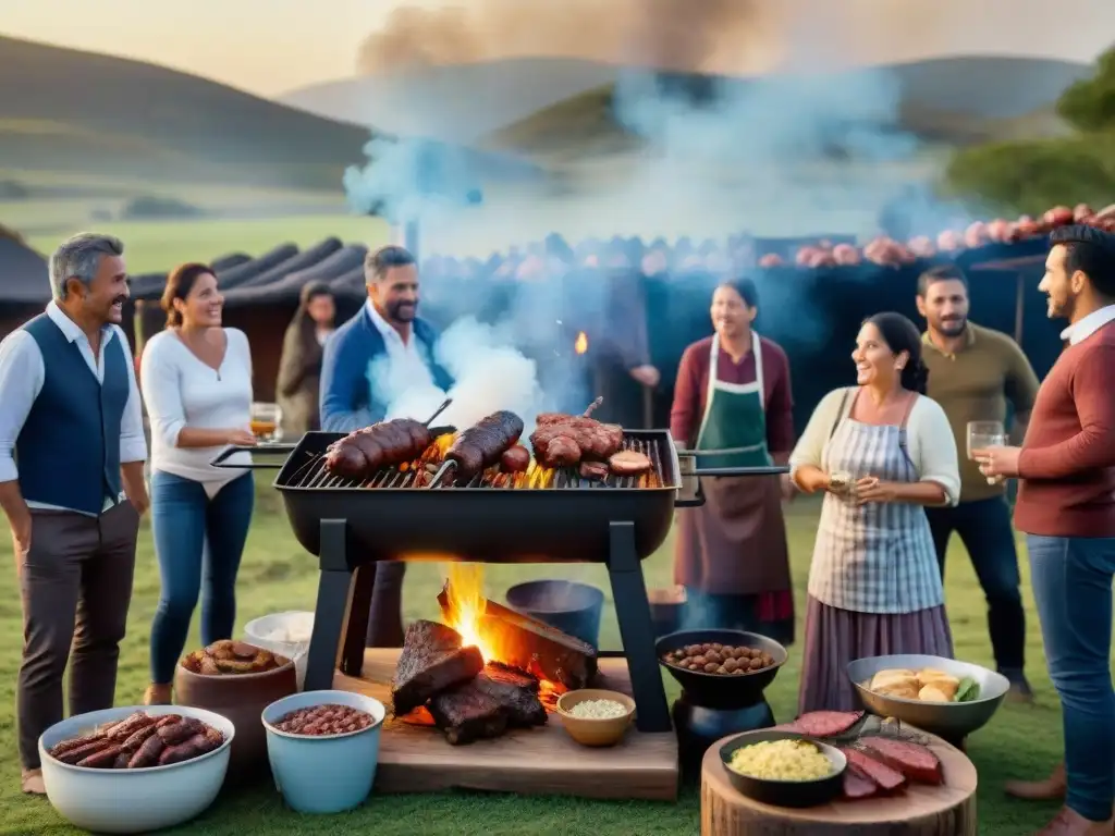 Una escena detallada y realista de un asado uruguayo tradicional, con prácticas sostenibles y comunidad unida disfrutando en el campo