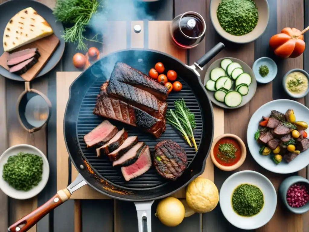 Una escena detallada y realista de un asado uruguayo tradicional evolución, con carne, chimichurri y vino Tannat en una mesa rústica al atardecer