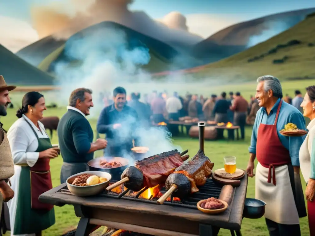 Una escena detallada y realista de un asado uruguayo tradicional en el campo