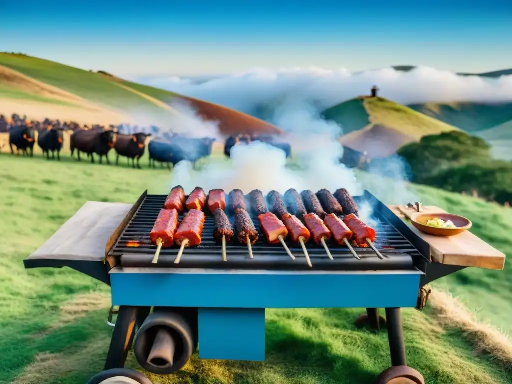 Una escena detallada y realista de un asado uruguayo tradicional en el campo, rodeado de gauchos disfrutando