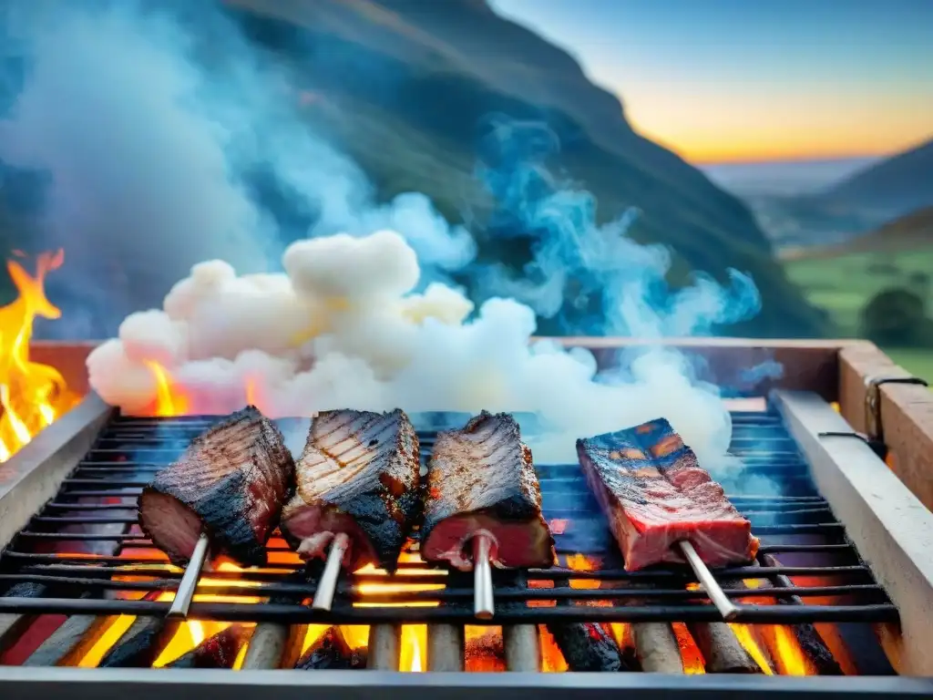 Una escena detallada y realista de un asado tradicional uruguayo, resaltando la historia y tradiciones del asado uruguayo