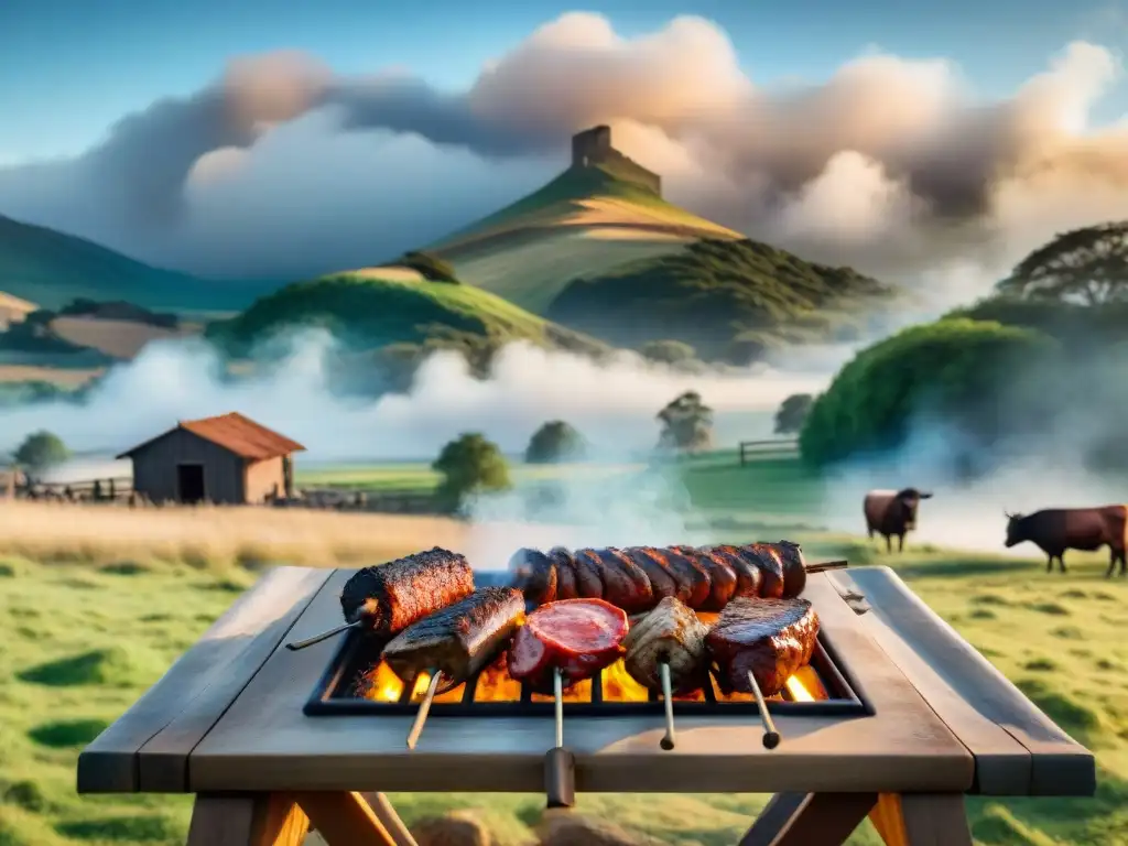 Una escena detallada y realista de un asado uruguayo en el campo, con amigos disfrutando de la comida bajo el cálido sol