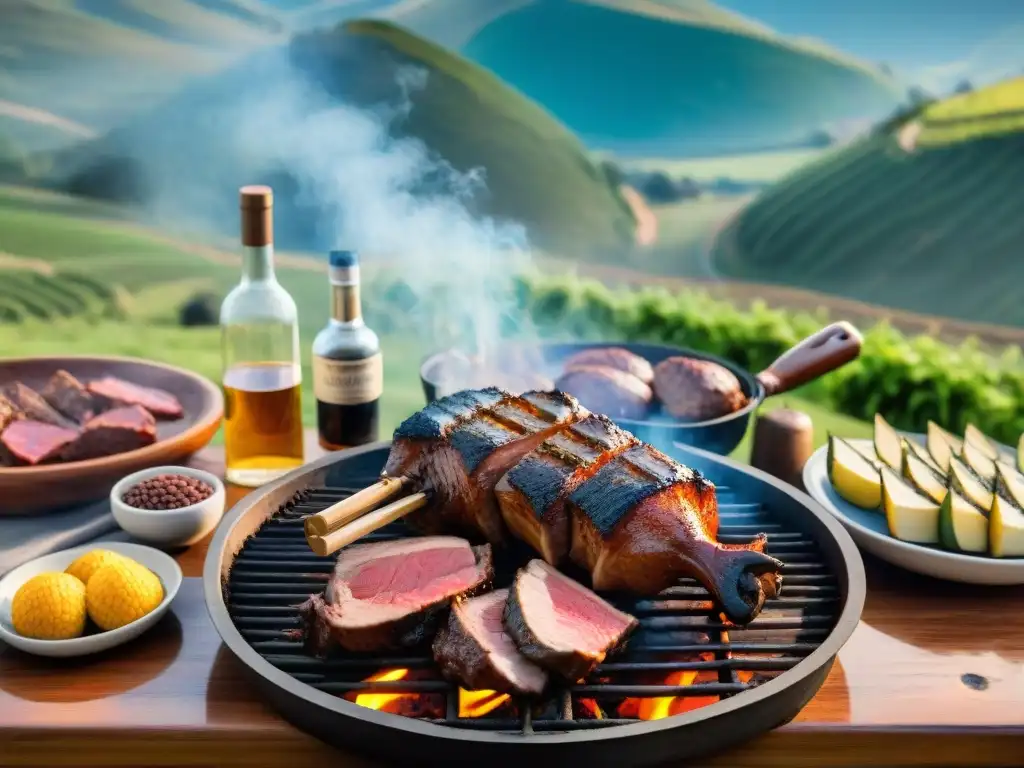 Una escena detallada y realista de un asado uruguayo tradicional con gauchos y vino en el campo