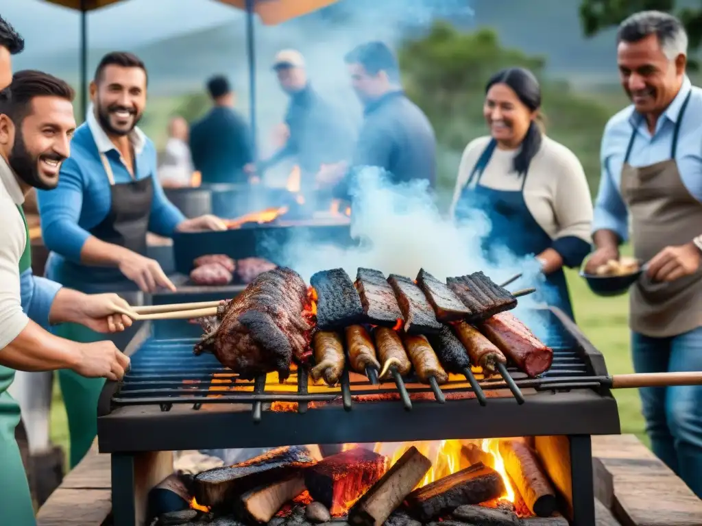 Una escena detallada y realista de un asado uruguayo tradicional, con amigos y familia alrededor de una parrilla cargada de carne variada