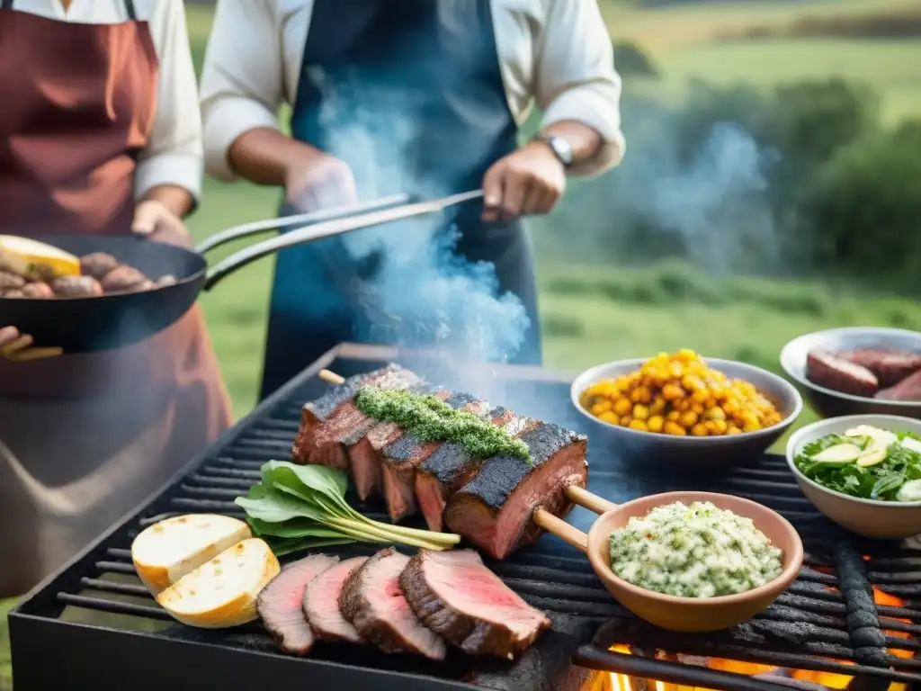 Una escena detallada y realista de un asado uruguayo tradicional, con gauchos, chimichurri y tradición gastronómica del asado uruguayo