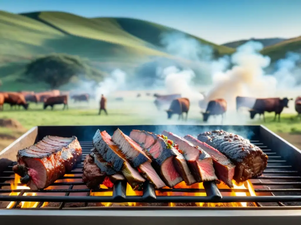 Una escena detallada y realista de un asado uruguayo rústico en el campo, con gauchos asando carne bajo un cielo azul