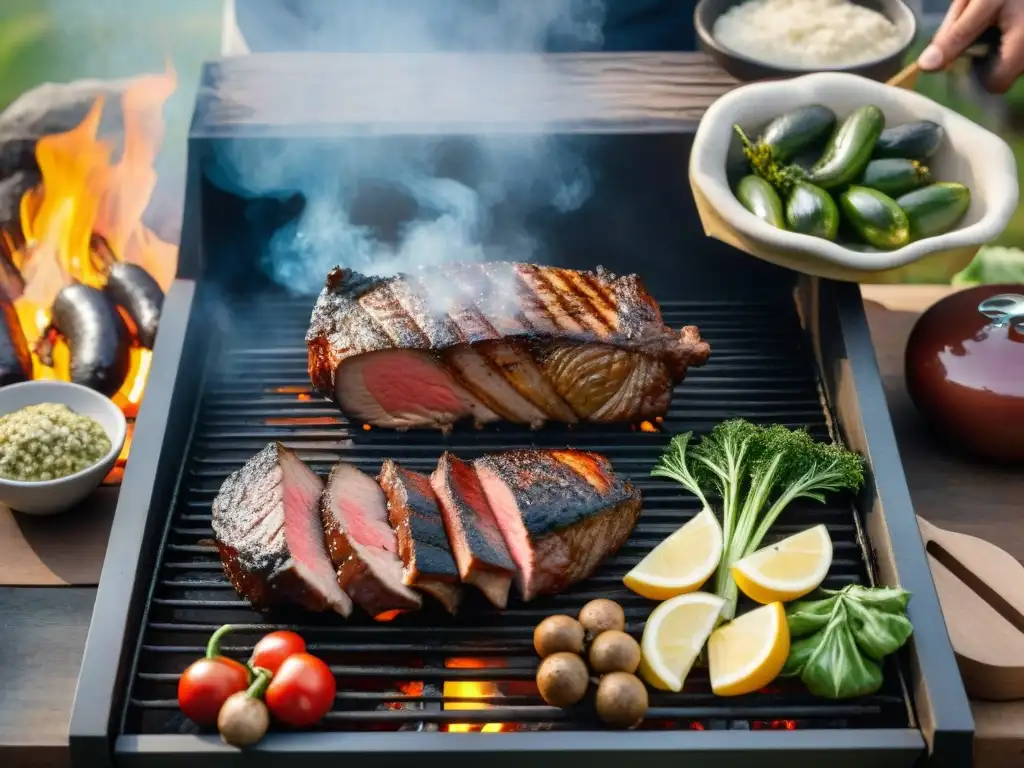 Una escena detallada y realista de un asado uruguayo tradicional con técnicas avanzadas, amigos y familia alrededor