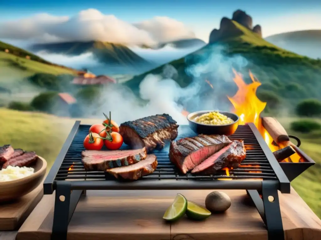 Una escena detallada y realista de un asado tradicional uruguayo en la campiña, donde amigos comparten la tradición del asado