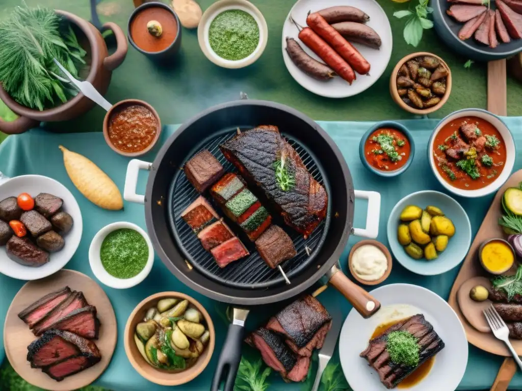 Una escena detallada y realista de un asado uruguayo con influencia africana, mostrando una variedad de carnes a la parrilla y acompañamientos en un entorno familiar y cultural