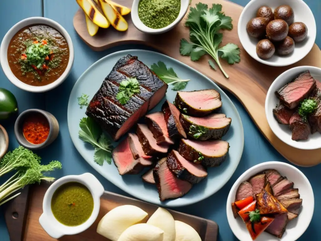 Una escena detallada y realista de un asado uruguayo tradicional con cortes icónicos, en una mesa rústica con chimichurri y mate