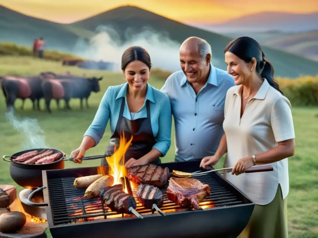 Una escena detallada y realista de una familia uruguaya alrededor de una parrilla, transmitiendo los Secretos del asado uruguayo familiar